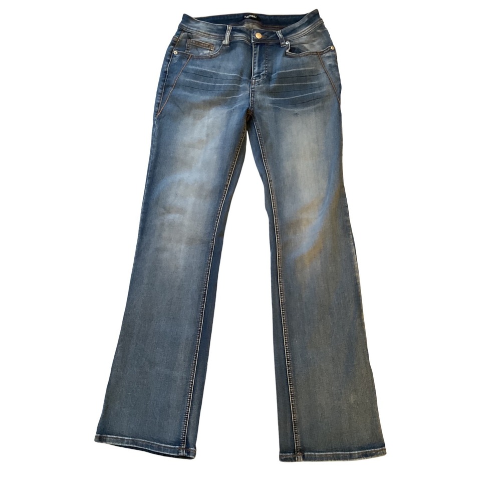 Flamingals‎ Blue Bootcut Jeans Womens Size Large Whiskered Stretch Denim